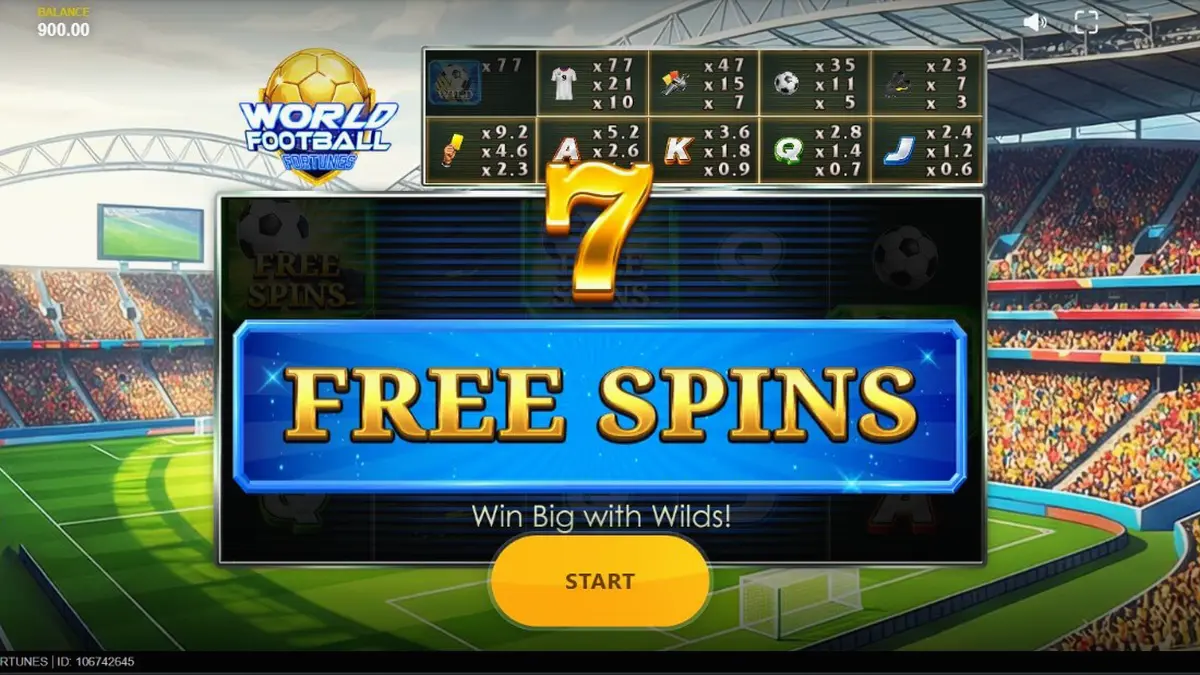Tampilan layar permainan slot World Football Fortunes dengan tema stadion sepak bola