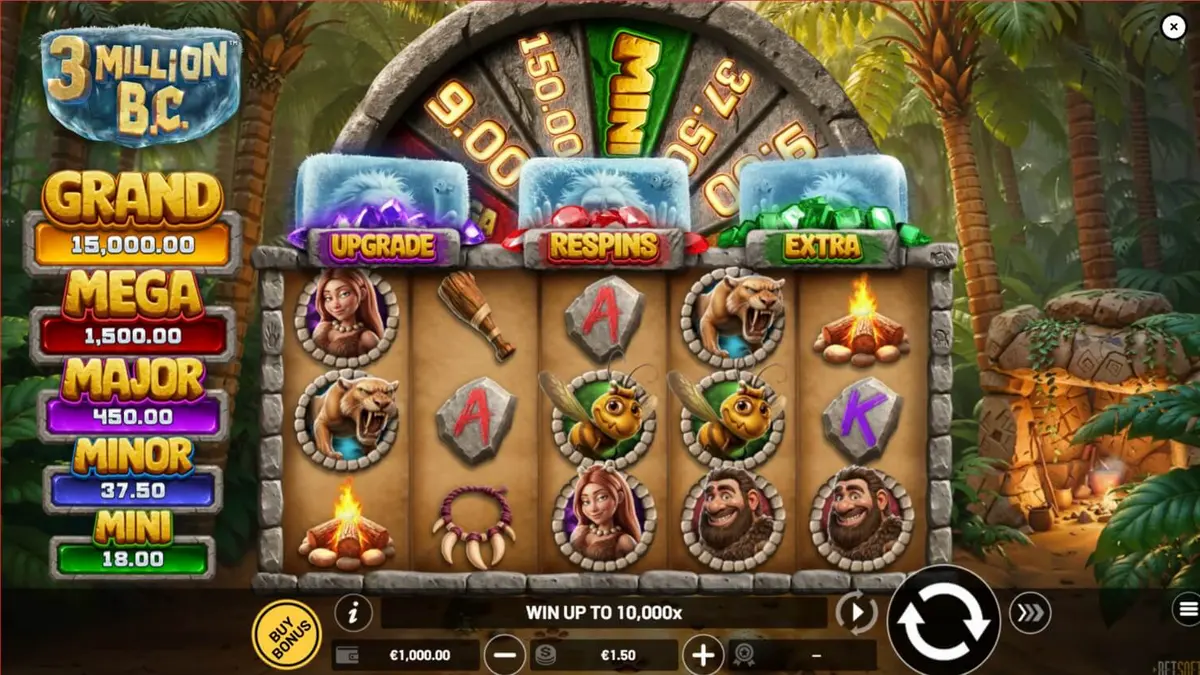 Tampilan visual slot 3 Million B.C. dengan latar belakang zaman batu dan roda jackpot.